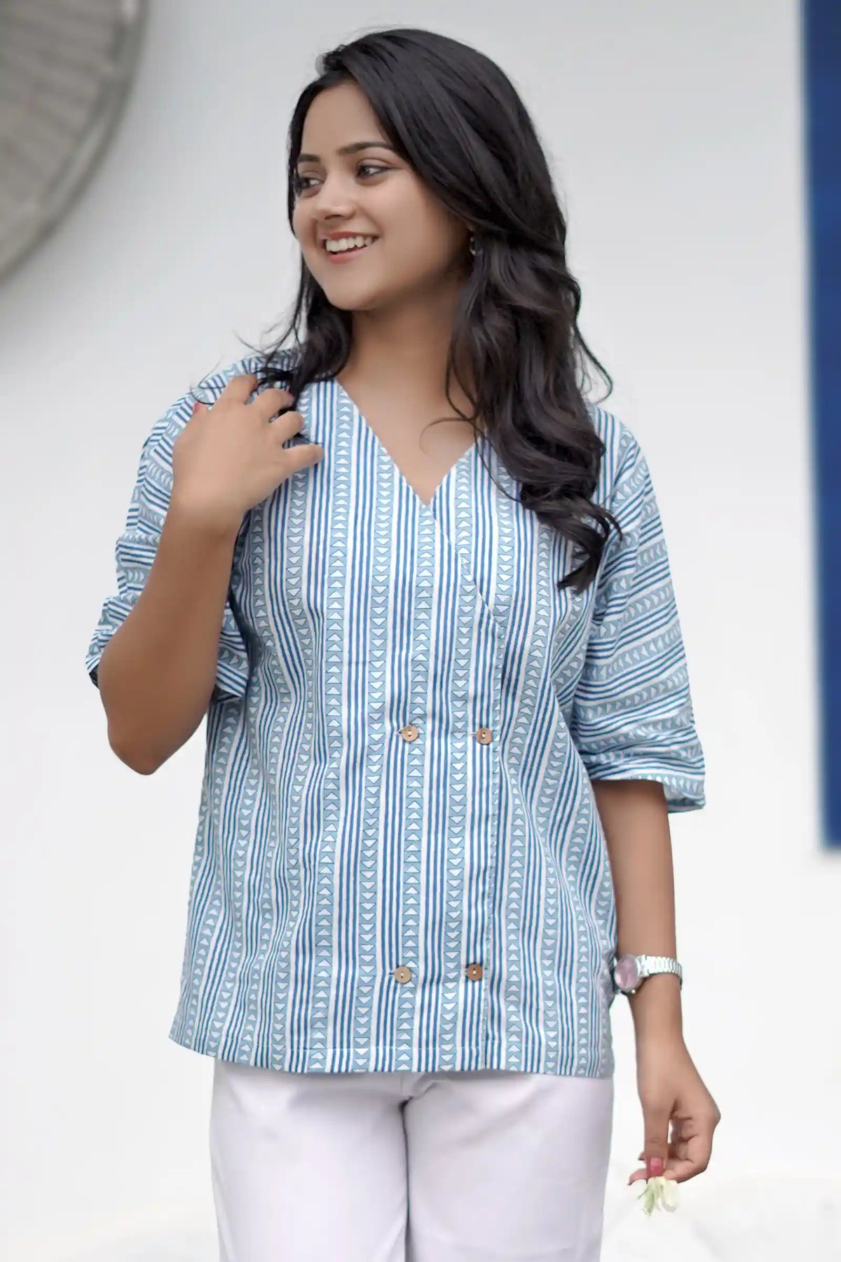 Pihu Geometric Blue Button Top for women