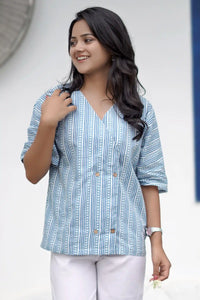 Pihu Geometric Blue Button Top for women