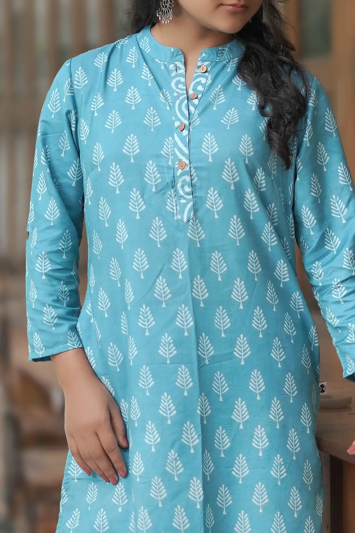 Handcrafted Nitya Cotton Silk Teal Kurti design