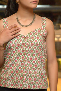 Close-up of floral print on Kayra corset top