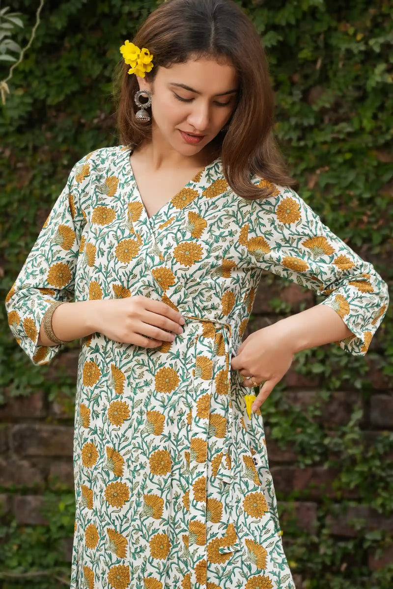 Handmade Diya Angrakha Kurta in yellow floral block print