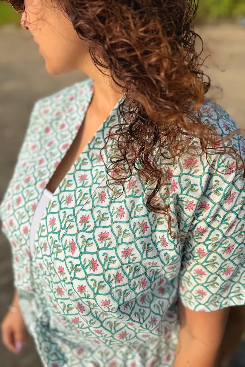 Bani Hand Block Printed Pink Kimono Dress