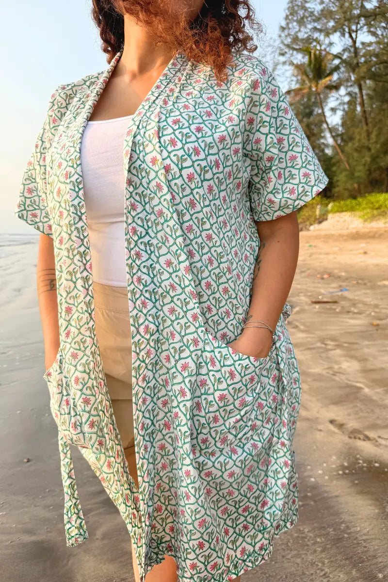 Bani Hand Block Printed Pink Kimono Dress