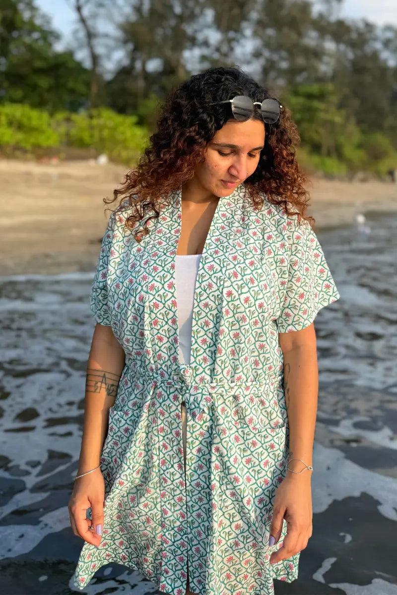 Bani Hand Block Printed Pink Kimono Dress