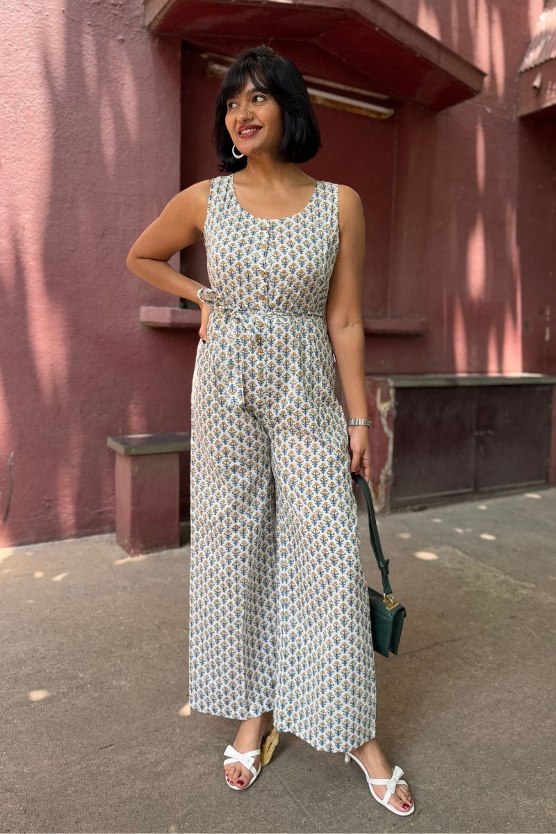 Zahra Hand Block Printed Yellow Palash Jumpsuit for Women