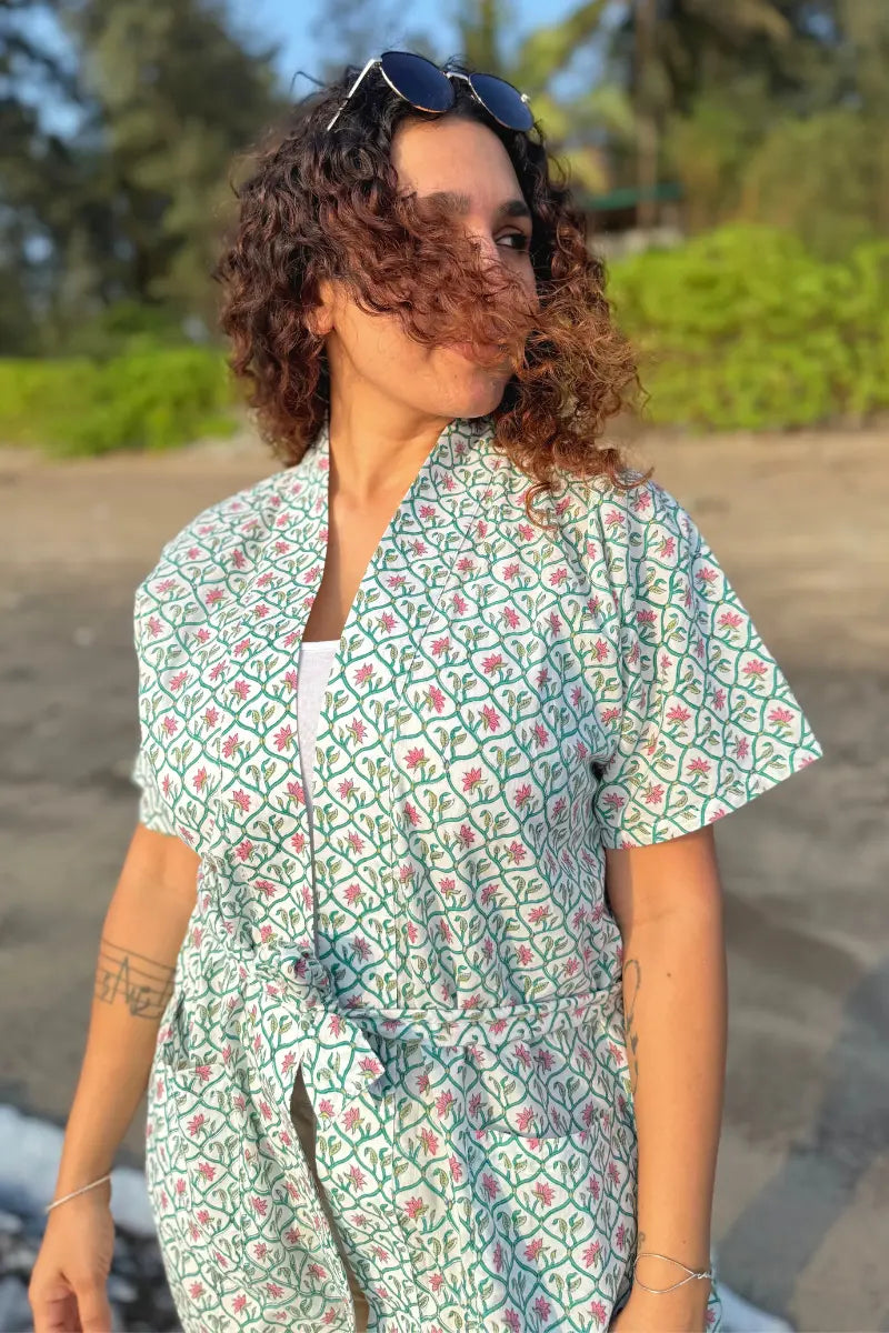 Bani Hand Block Printed Pink Kimono Dress