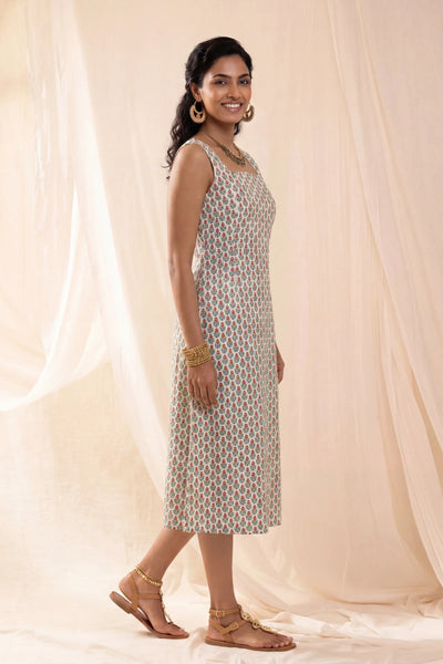 Avni Hand Block Printed Red Sleeveless Midi Dress