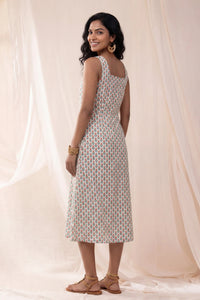 Avni Hand Block Printed Red Sleeveless Midi Dress