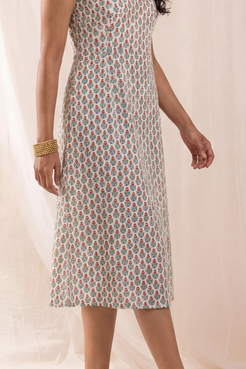 Avni Hand Block Printed Red Sleeveless Midi Dress