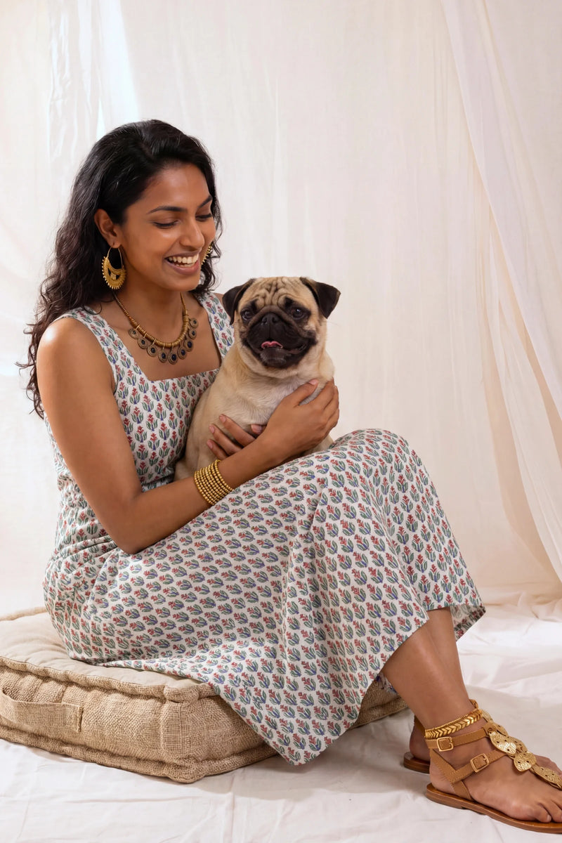 Avni Hand Block Printed Red Sleeveless Midi Dress