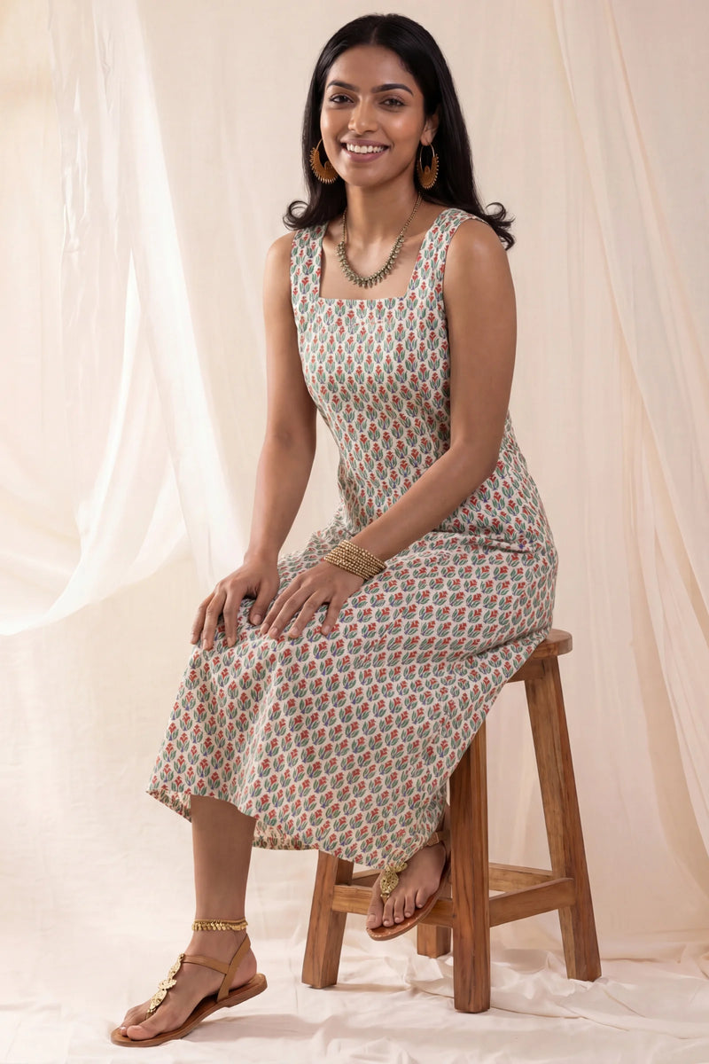 Avni Hand Block Printed Red Sleeveless Midi Dress