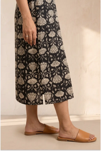 Maya Hand Block Printed Black Half Sleeve Midi Dress