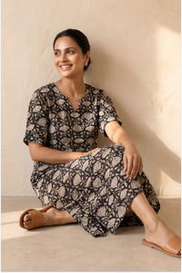 Maya Hand Block Printed Black Half Sleeve Midi Dress