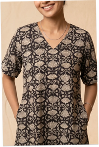 Maya Hand Block Printed Black Half Sleeve Midi Dress