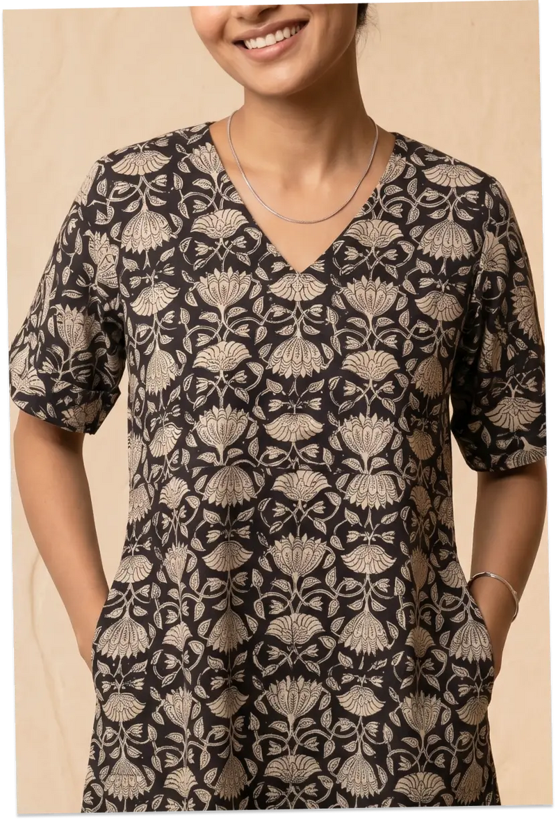 Maya Hand Block Printed Black Half Sleeve Midi Dress