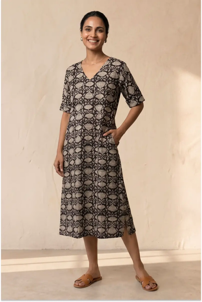 Hand Block Printed Black Half Sleeve Midi Dress