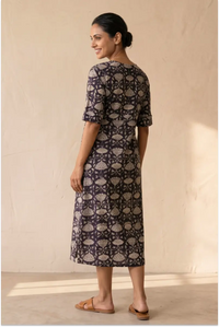 Maya Hand Block Printed Black Half Sleeve Midi Dress