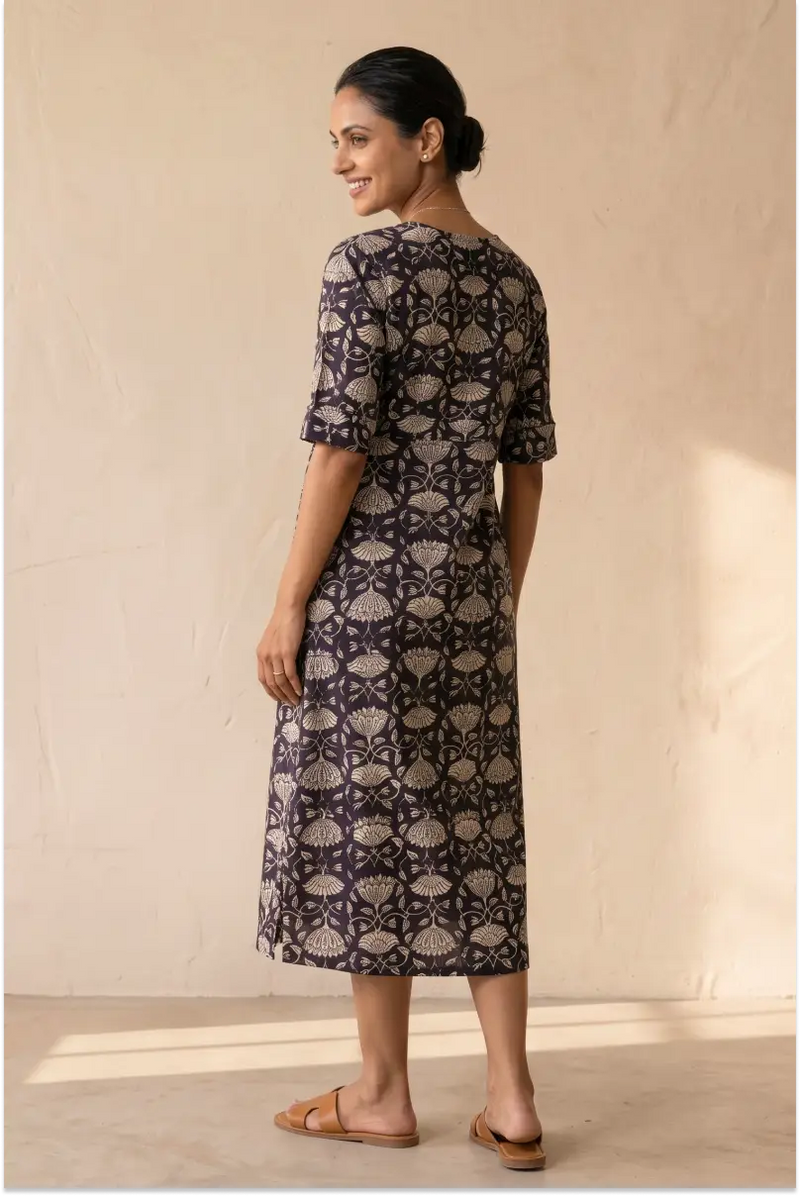 Maya Hand Block Printed Black Half Sleeve Midi Dress