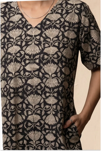 Maya Hand Block Printed Black Half Sleeve Midi Dress