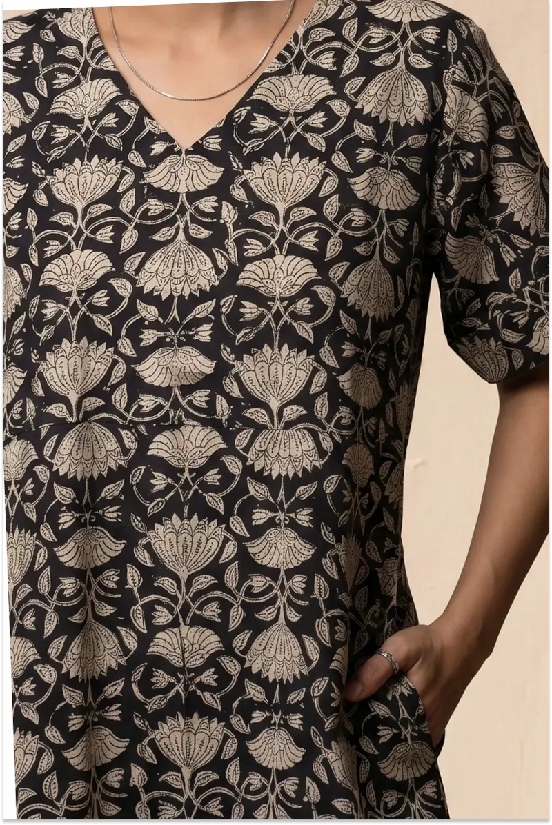 Maya Hand Block Printed Black Half Sleeve Midi Dress