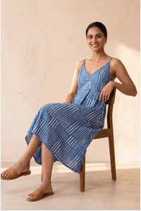 Hand Block Printed Blue Midi Sleeveless Strappy Dress
