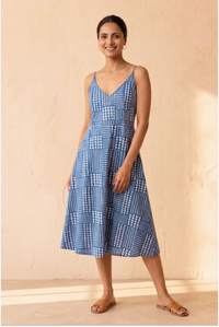 Hand Block Printed Blue Midi Sleeveless Strappy Dress