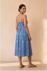 Hand Block Printed Blue Midi Sleeveless Strappy Dress
