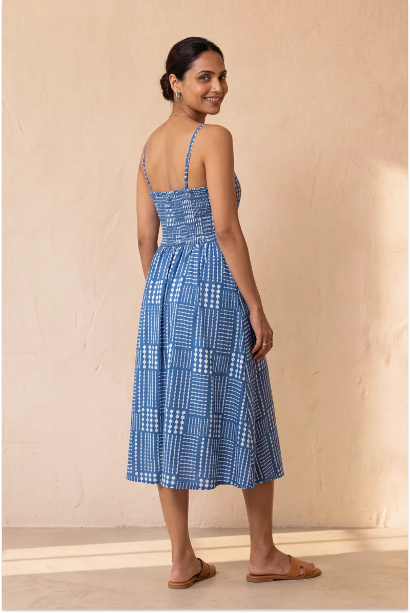Hand Block Printed Blue Midi Sleeveless Strappy Dress
