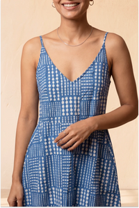 Hand Block Printed Blue Midi Sleeveless Strappy Dress