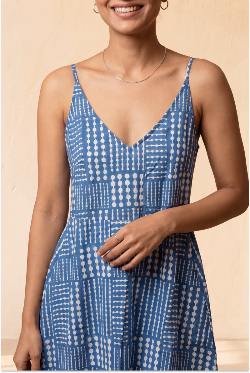 Hand Block Printed Blue Midi Sleeveless Strappy Dress