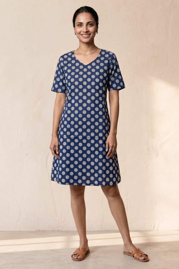 Polka Blue Screen Print Fit & Flare Dress