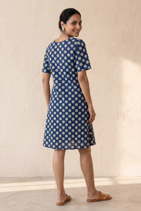 Polka Blue Screen Print Fit & Flare Dress