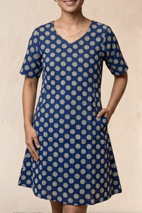 Polka Blue Screen Print Fit & Flare Dress