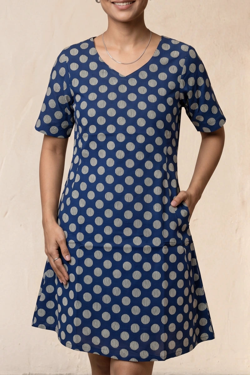 Polka Blue Screen Print Fit & Flare Dress