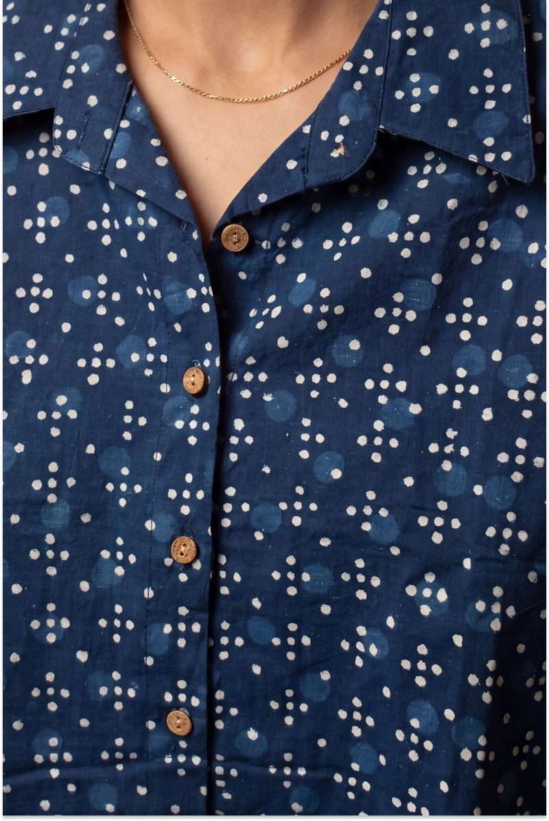 Hand Block Printed Indigo Half Sleeve Crop Shirt