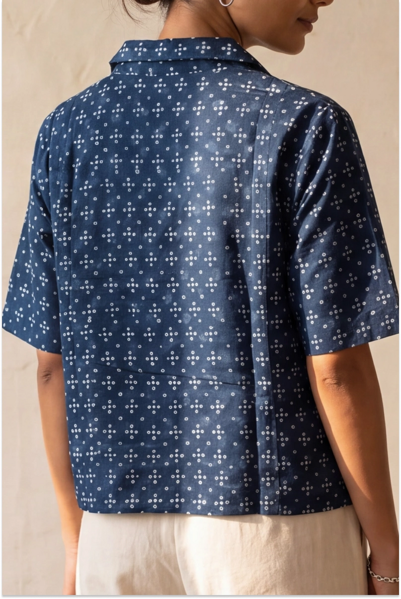 Hand Block Printed Indigo Half Sleeve Crop Shirt