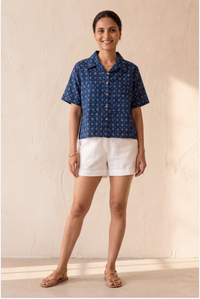 Hand Block Printed Indigo Half Sleeve Crop Shirt