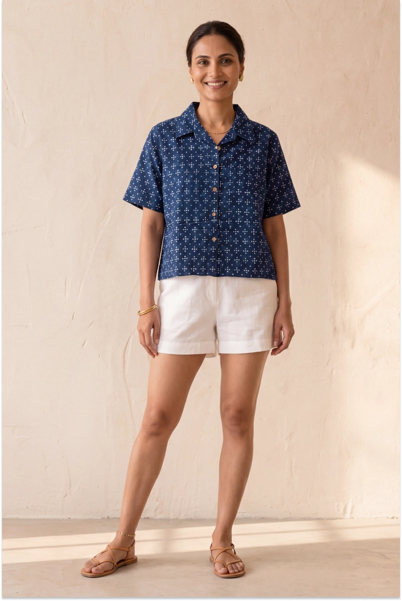 Hand Block Printed Indigo Half Sleeve Crop Shirt
