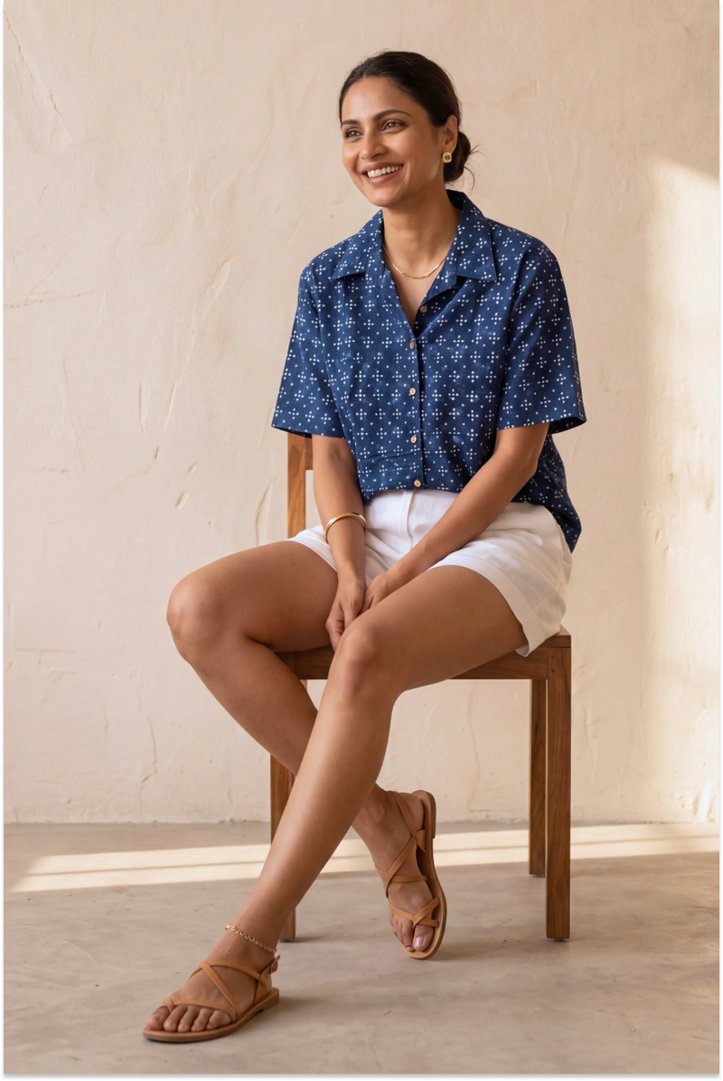 Hand Block Printed Indigo Half Sleeve Crop Shirt