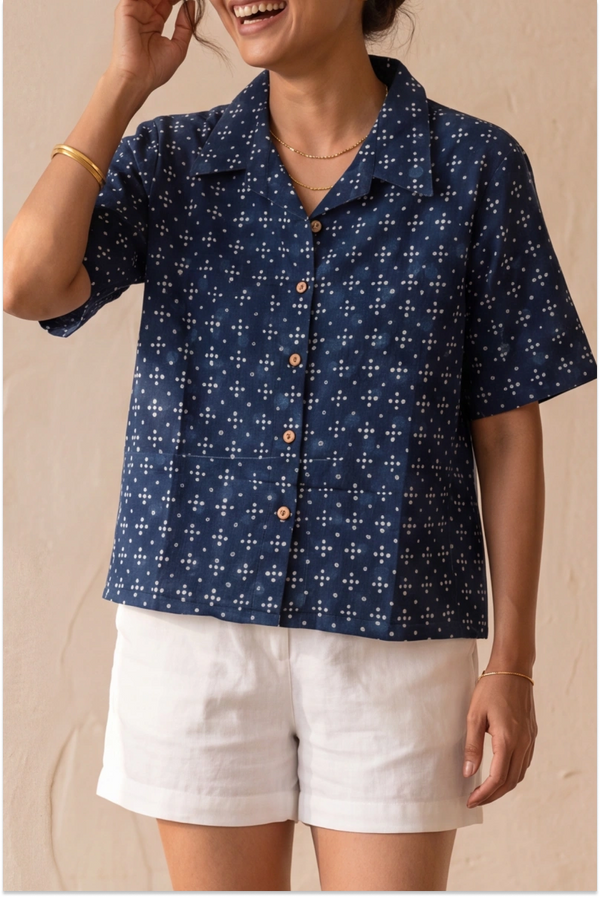 Hand Block Printed Indigo Half Sleeve Crop Shirt