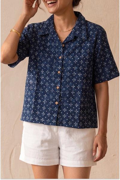 Hand Block Printed Indigo Half Sleeve Crop Shirt