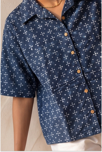 Hand Block Printed Indigo Half Sleeve Crop Shirt