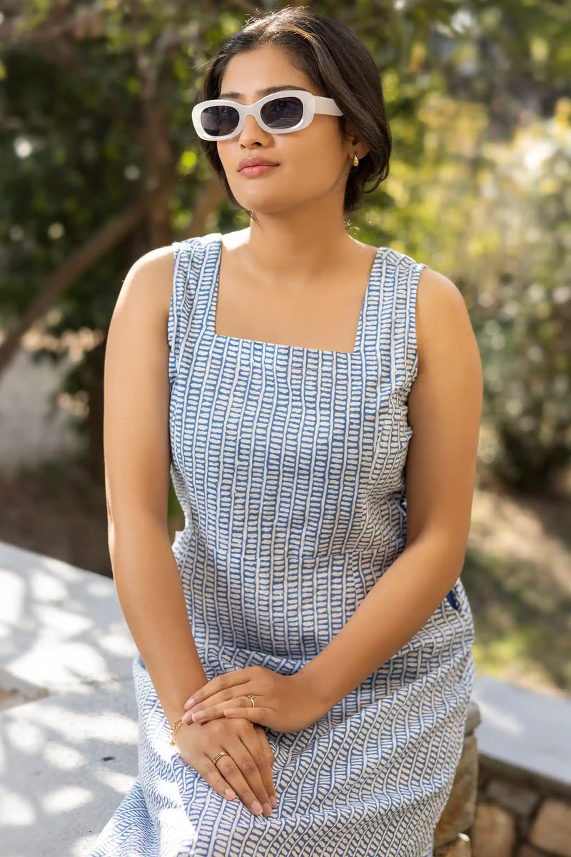 Blue sleeveless midi dress with intricate hand block prints – Avni artisan wear