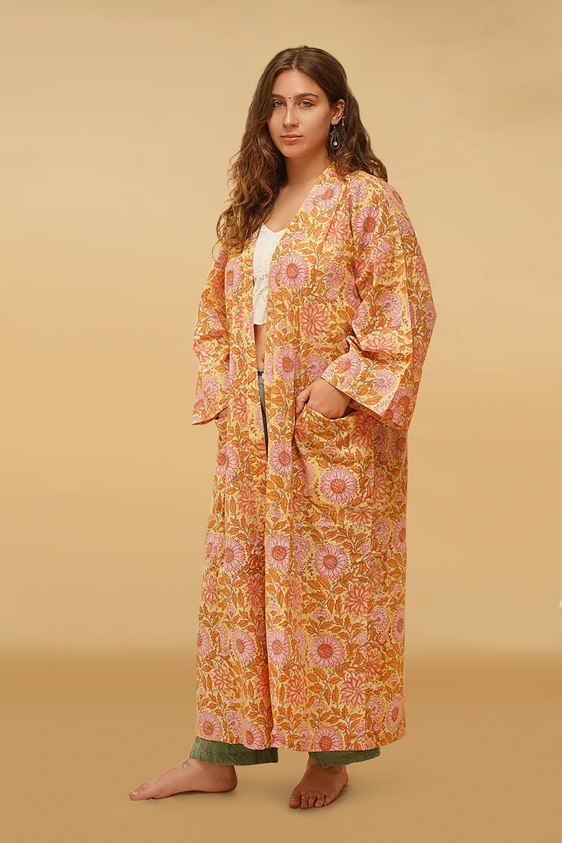Moye Sunflower Hand Block Printed Kimono