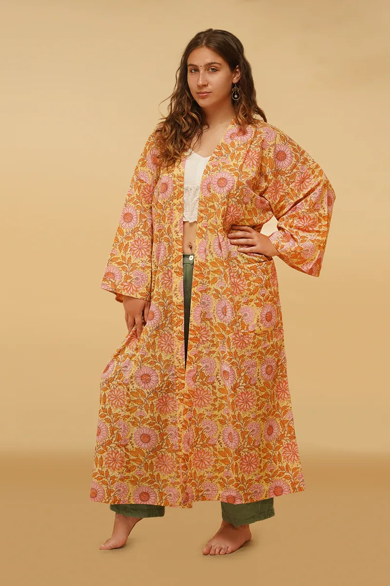Moye Sunflower Hand Block Printed Kimono