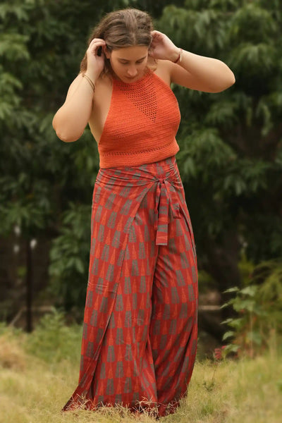 Sustainable Lyla Rust Red Wrap Pant – artisan-made fashion India