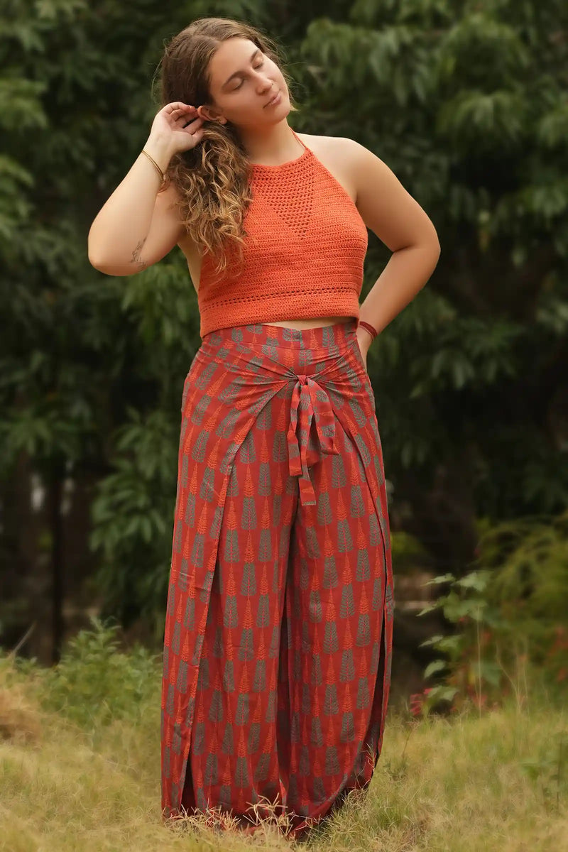 Lyla Rust Red Wrap Pant – bohemian style handmade wrap trousers