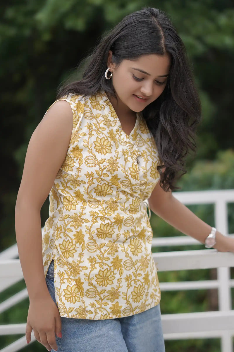 Meher top with front tie detail in vibrant yellow

