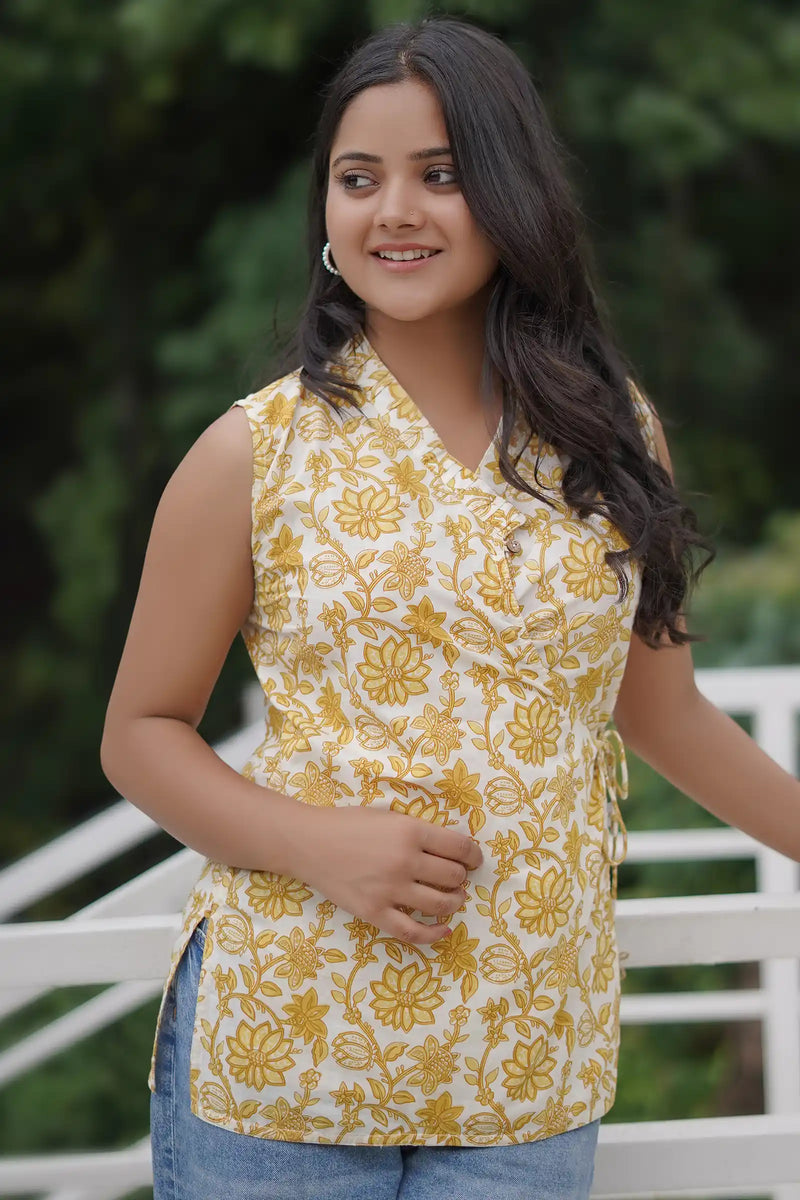 Meher Yellow Tie-Up Top front view on model

