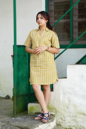 Mahira Hand Block Printed Green Geometric Dress